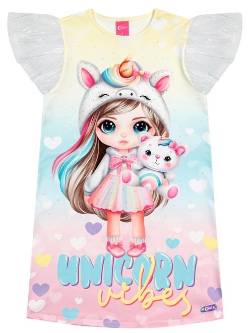 Vestido Infantil Menina Unicórnio Azul Cinti