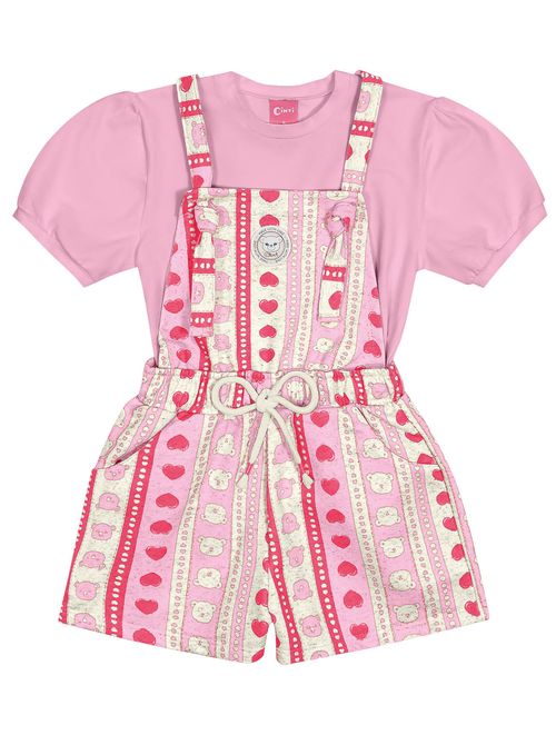 Conjunto Infantil Menina Blusa E Jardineira Ursinho Rosa Cinti