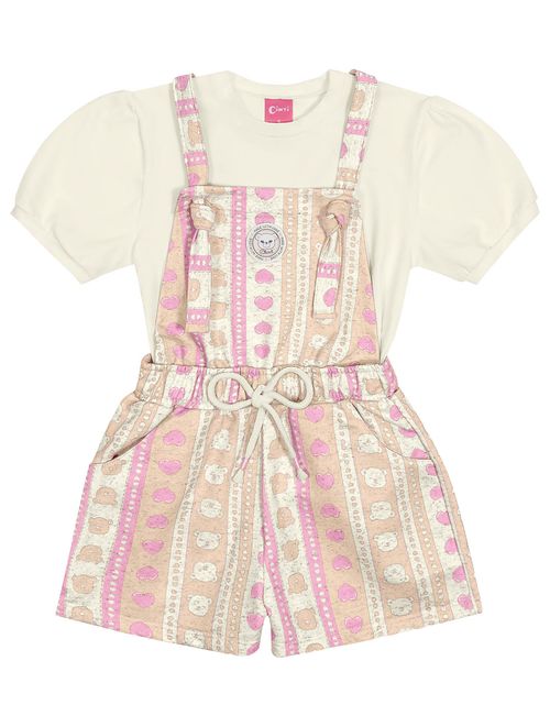 Conjunto Infantil Menina Blusa E Jardineira Ursinho Natural E Bege Cinti