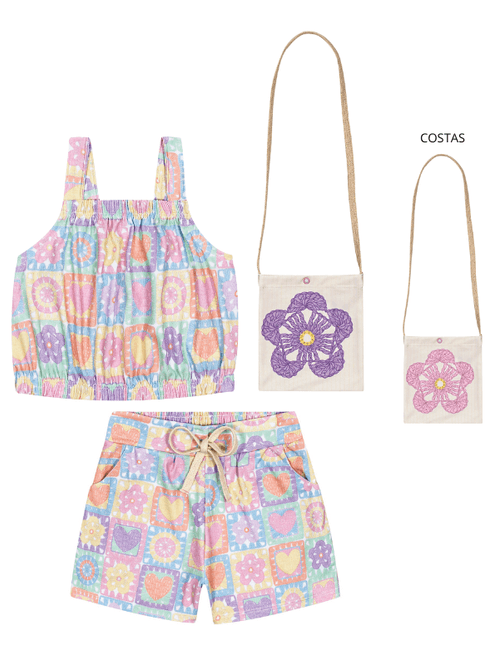 Conjunto Infantil Menina Blusa Cropped, Short E Bolsa Rosa Cinti