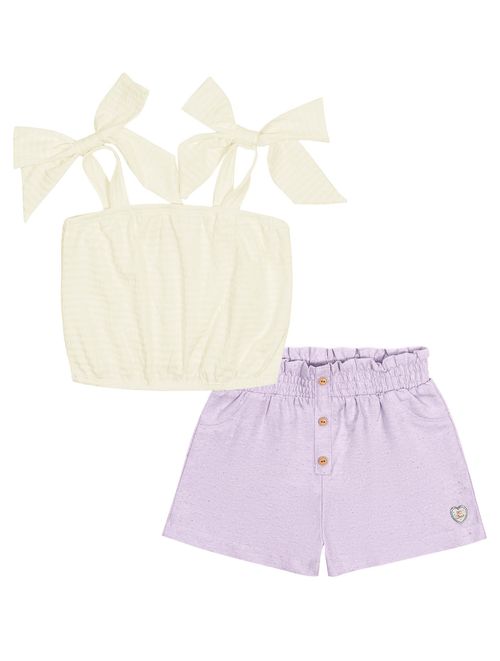 Conjunto Infantil Menina Blusa Cropped Com Laço E Short Natural E Lilás Cinti