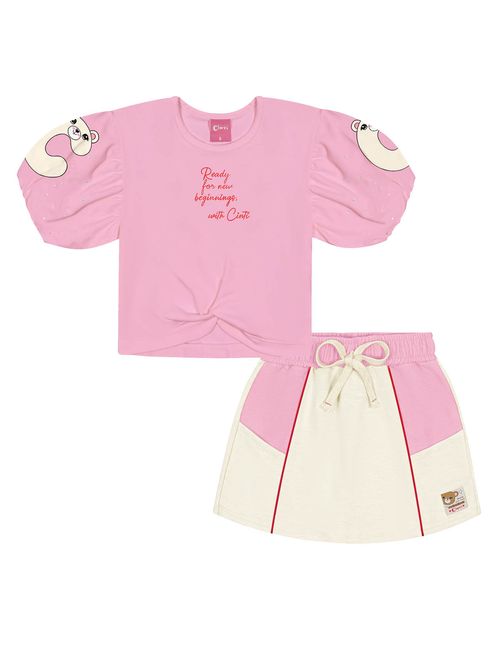 Conjunto Infantil Menina Blusa Cropped E Short-Saia Rosa E Natural Cinti