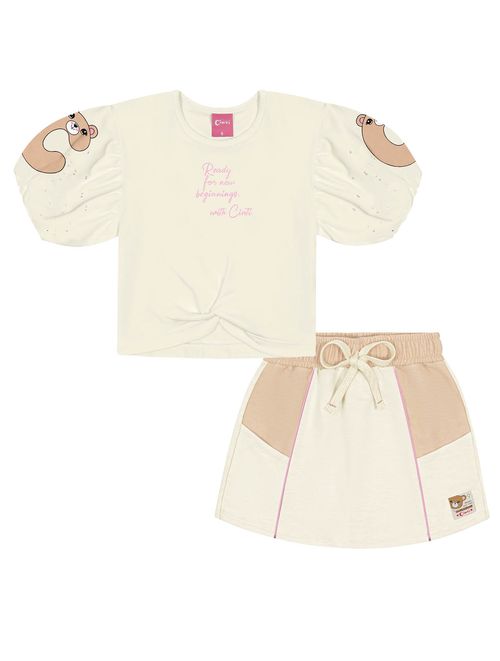 Conjunto Infantil Menina Blusa Cropped E Short-Saia Natural E Bege Cinti