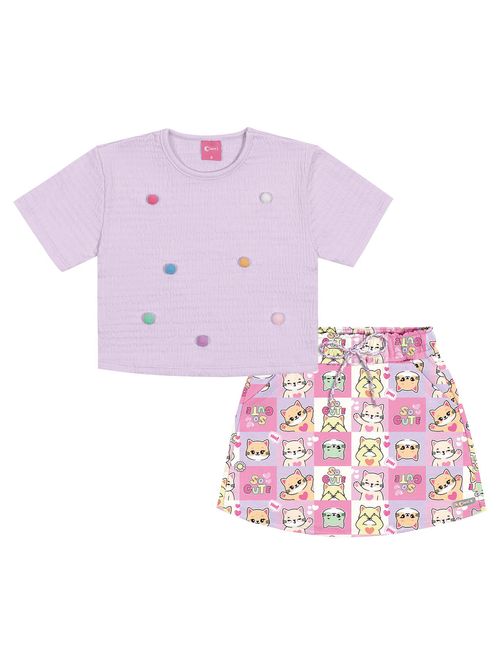 Conjunto Infantil Menina Blusa Com Pompom E Short-Saia Lilás E Rosa Cinti