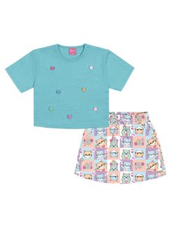 Conjunto Infantil Menina Blusa Com Pompom E Short-Saia Azul E Lilás Cinti