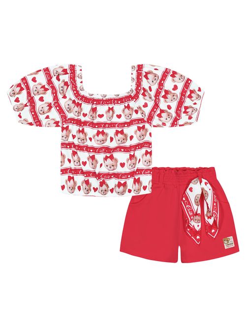 Conjunto Infantil Menina De Blusa E Short Com Lenço Rosa Cinti