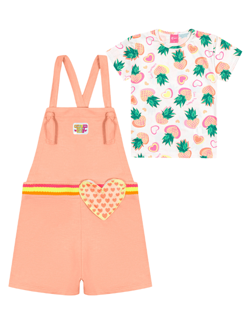 Conjunto Infantil Menina Blusa Abacaxi E Jardineira Natural E Laranja Cinti