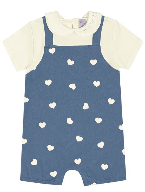 Macacão Bebê Menina Corações Natural E Azul Jeans Médio Cinti