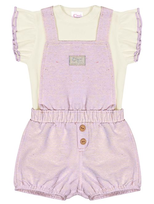 Conjunto Bebê Menina Blusa E Jardineira Natural E Lilás Cinti