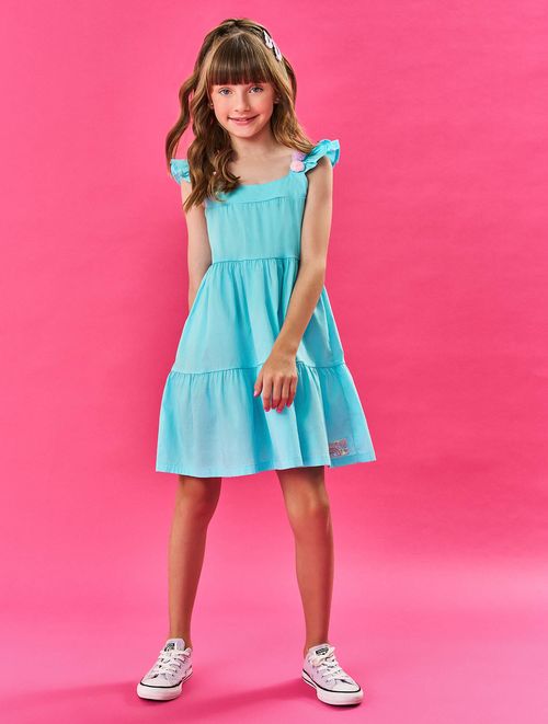 Vestido Infantil Menina Pompom Azul Cinti