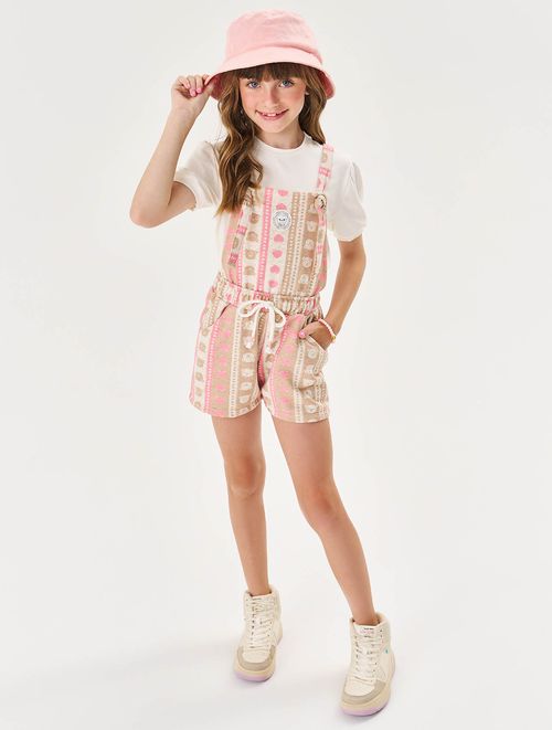 Conjunto Infantil Menina Blusa E Jardineira Ursinho Natural E Bege Cinti
