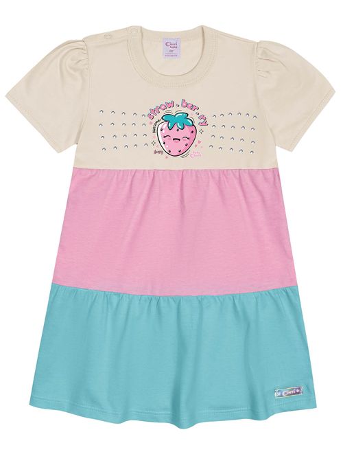 Vestido Bebê Menina Trê Marias Bege, Rosa E Azul Cinti