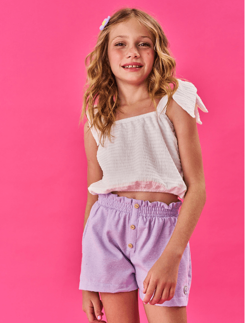 Conjunto Infantil Menina Blusa Cropped Com Laço E Short Natural E Lilás Cinti