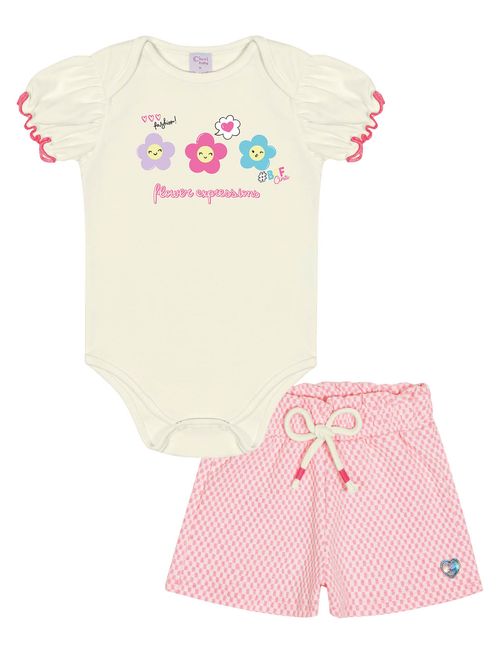 Conjunto Bebê Menina Body Flores E Short Quadriculado Natural E Rosa Neon Cinti