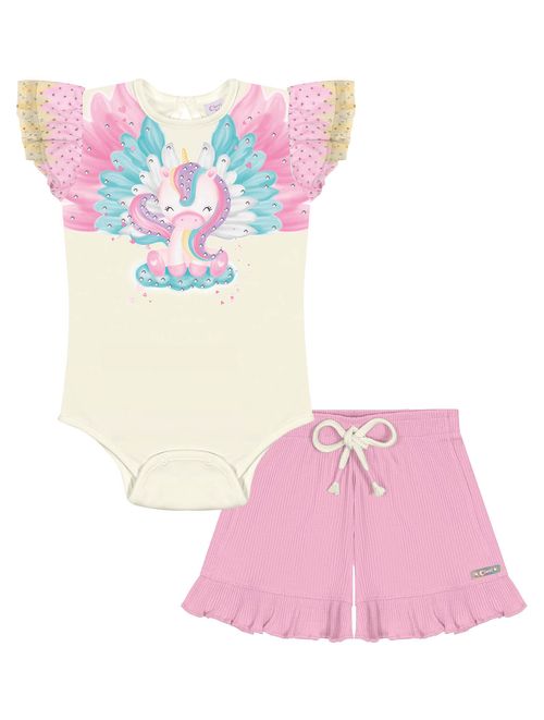 Conjunto Bebê Menina Body Unicórinio E Short Natural E Rosa Cinti