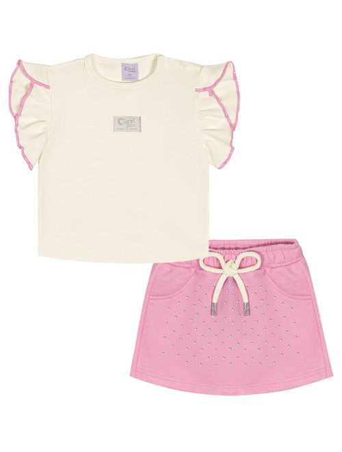 Conjunto Bebê Menina Blusa E Saia-Short Com Strass Natural E Rosa Cinti