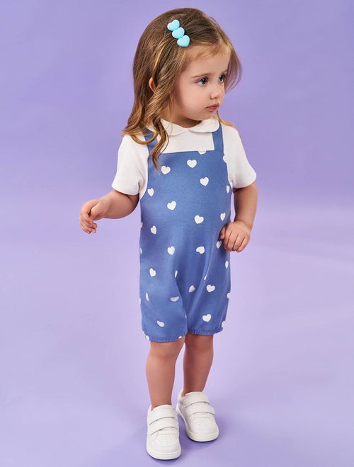 Macacão Bebê Menina Corações Natural E Azul Jeans Médio Cinti