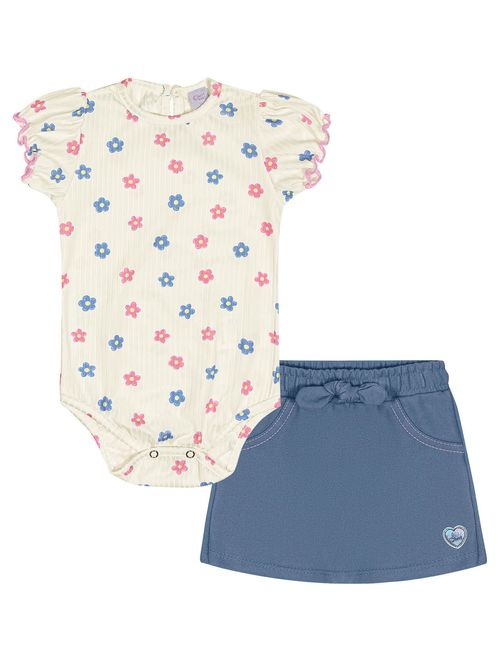 Conjunto Bebê Menina Body Flores E Short-Saia Natural E Azul Jeans Médio Cinti