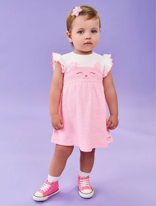 Vestido Bebê Menina Quadriculado Rosa Neon Cinti