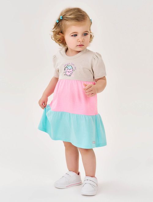 Vestido Bebê Menina Trê Marias Bege, Rosa E Azul Cinti