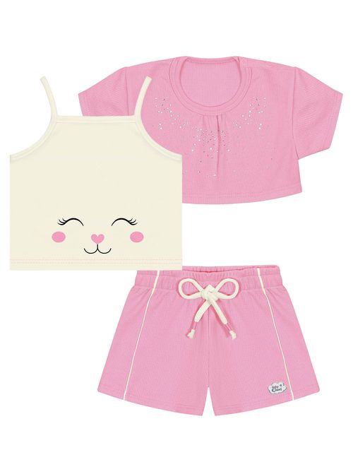 Conjunto Bebê Menina Blusa Com Sobreposição E Short Rosa E Natural Cinti