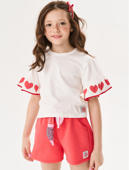 Blusa Boxy Infantil Menina Corações Natural E Vermelho Cinti