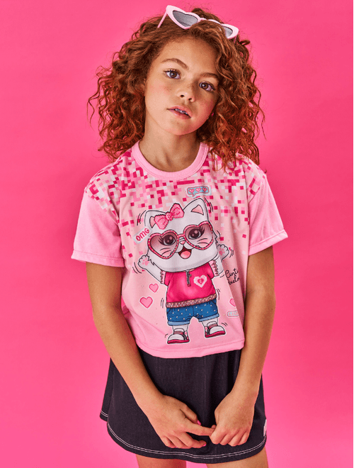 Blusa Boxy Infantil Menina Gatinha Rosa Cinti