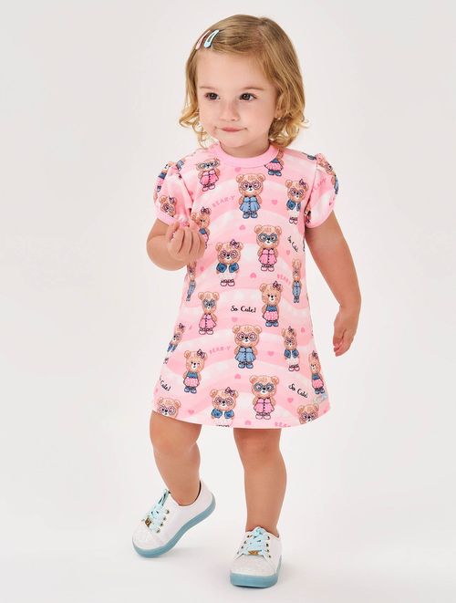 Vestido Bebê Menina Total Print Ursinha Rosa Cinti