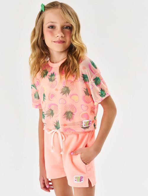 Blusa Cropped Infantil Menina Sobreposição  Laranja Neon Cinti