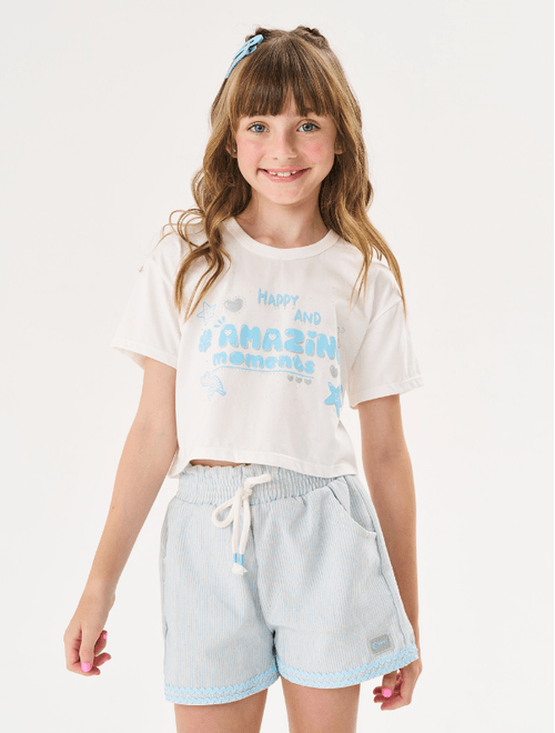 Conjunto Infantil Menina Blusa Cropped E Short Amazing Natural E Azul Cinti