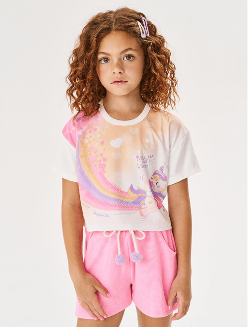 Conjunto Infantil Menina Blusa Cropped E Short Unicórnio Natural E Rosa Cinti