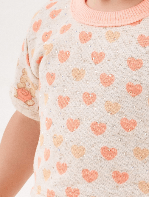 Conjunto Bebê Menina Blusa Cropped E Short Corações Laranja Neon Cinti