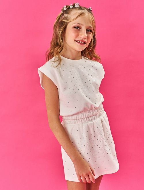 Conjunto Infantil Menina Blusa Cropped E Short-Saia Com Strass Natural Cinti