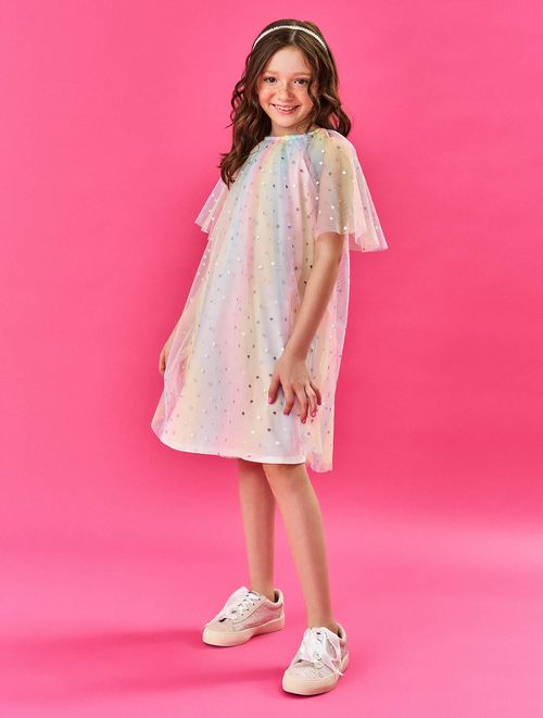 Vestido Infantil Menina Tule Com Corações Rosa Cinti