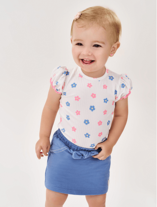 Conjunto Bebê Menina Body Flores E Short-Saia Natural E Azul Jeans Médio Cinti