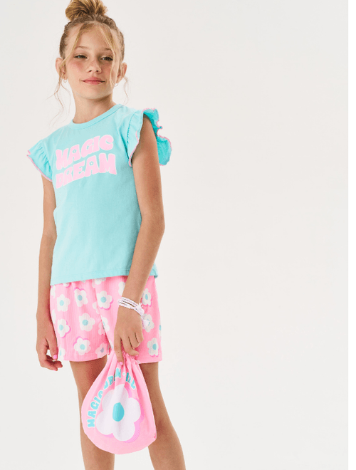 Pijama Infantil Menina Blusa, Short E Bolso Magic Dream Azul E Rosa Cinti