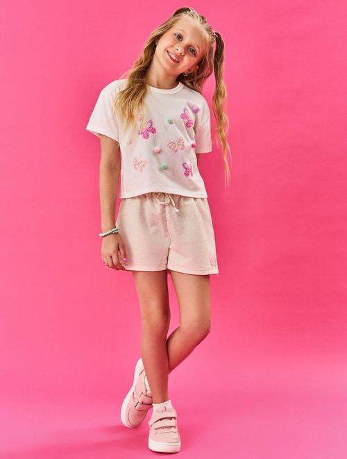 Conjunto Infantil Menina Blusa Boxy E Short  Borboletas E Pompom Natural Cinti
