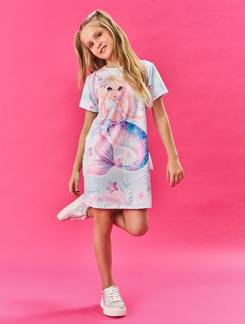 Vestido Infantil Menina Com Bolsa Sereia Azul Cinti