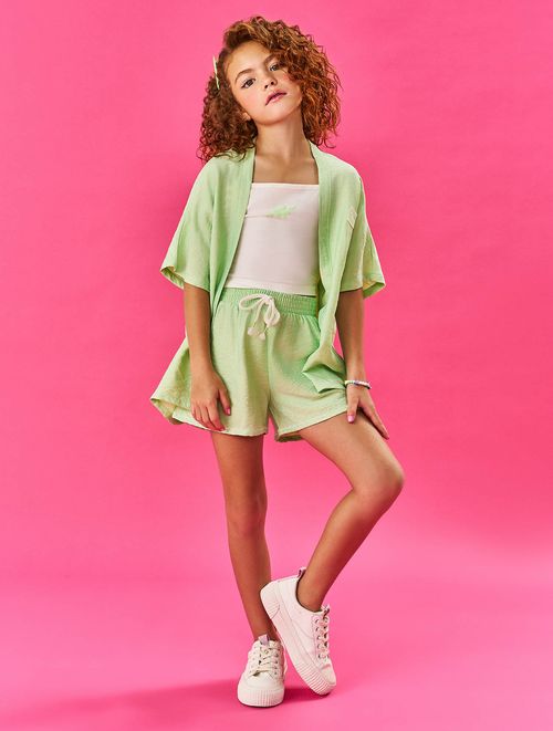 Conjunto Infantil Menina Blusa Cropped, Short E Kimono Natural E Verde Cinti