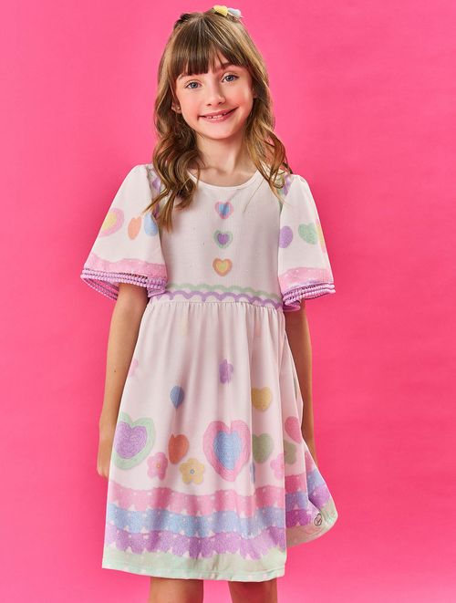 Vestido Infantil Menina Corações Natural Cinti