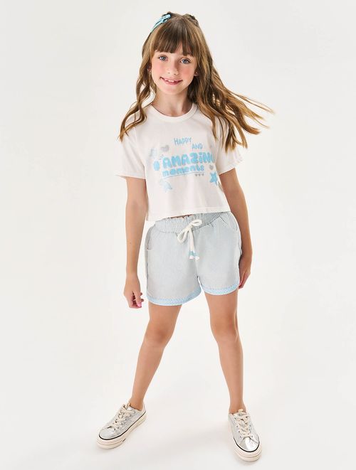 Conjunto Infantil Menina Blusa Cropped E Short Amazing Natural E Azul Cinti