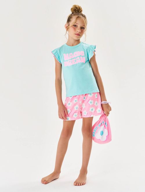 Pijama Infantil Menina Blusa, Short E Bolso Magic Dream Azul E Rosa Cinti