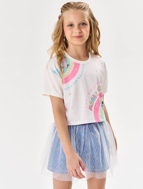 Conjunto Infantil Menina Blusa Cropped Arco-Íris E Short Com Tule  Natural E Azul Jeans Cinti