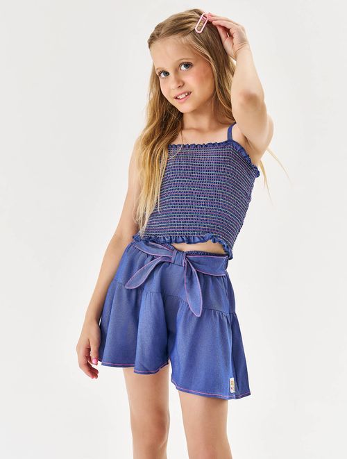 Conjunto Infantil Menina Blusa E Short Com Laço Azul Jeans Médio Cinti