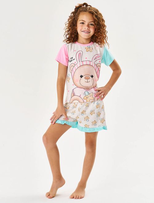 Pijama Infantil Menina Blusa E Short Ursinha Off White E Rosa Cinti