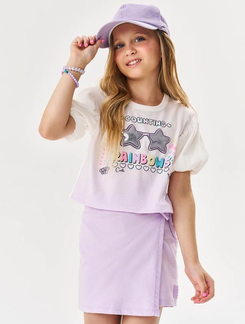 Conjunto Infantil Menina Blusa Cropped E Short-Saia Rainbows Natural E Lilás Cinti