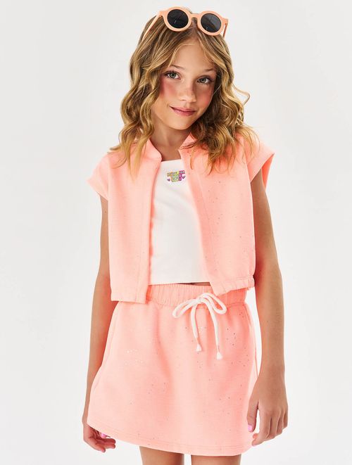 Conjunto Infantil Menina Blusa, Short-Saia E Colete Natural E Laranja Cinti