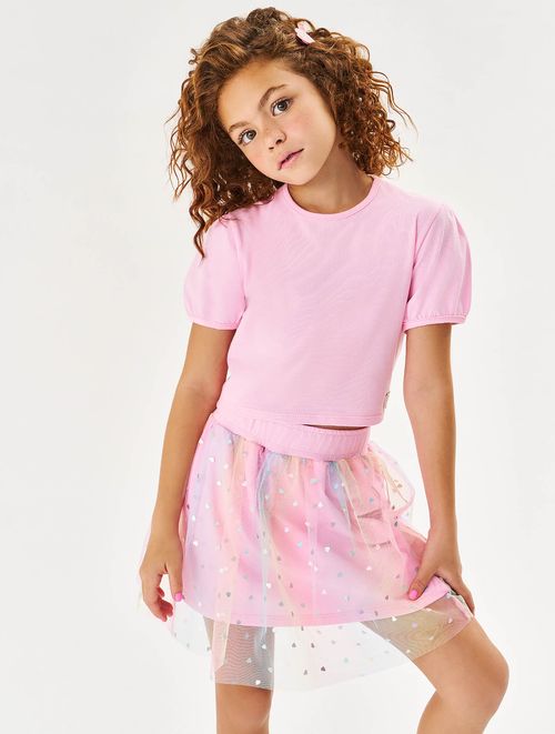 Conjunto Infantil Menina Blusa Cropped E Saia Em Tule Rosa Cinti