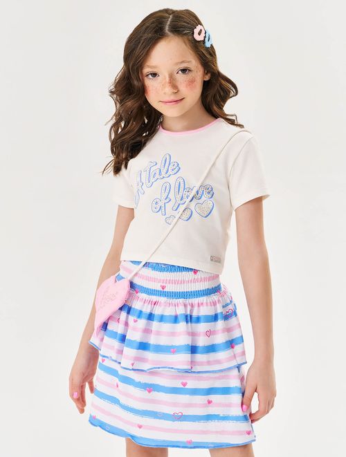 Conjunto Infantil Menina Blusa, Saia-Short E Bolsa Coração Natural E Azul Cinti