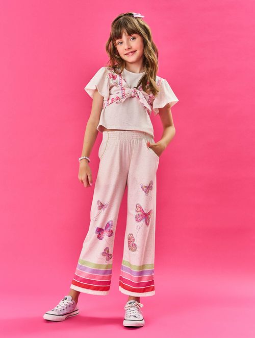 Conjunto Infantil Menina Blusa Cropped E Calça Wide Leg Borboletas Off White Cinti